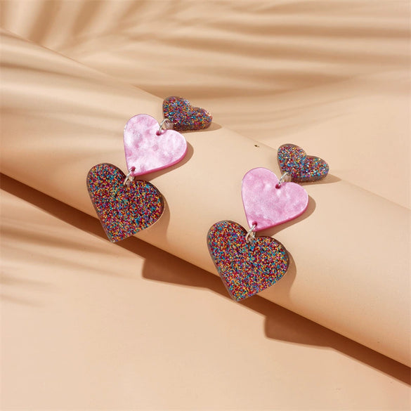 Wholesale Fashion Niche Creative Heart Acrylic Color Glitter Connect Love Long Hanging Earrings With Printing Process For Women