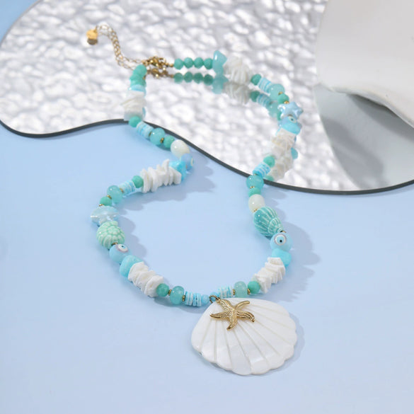 Wholesale Fashion Ocean Style Geometric Shell Starfish Pendant Stainless Steel 18K Electroplated Necklace For Women