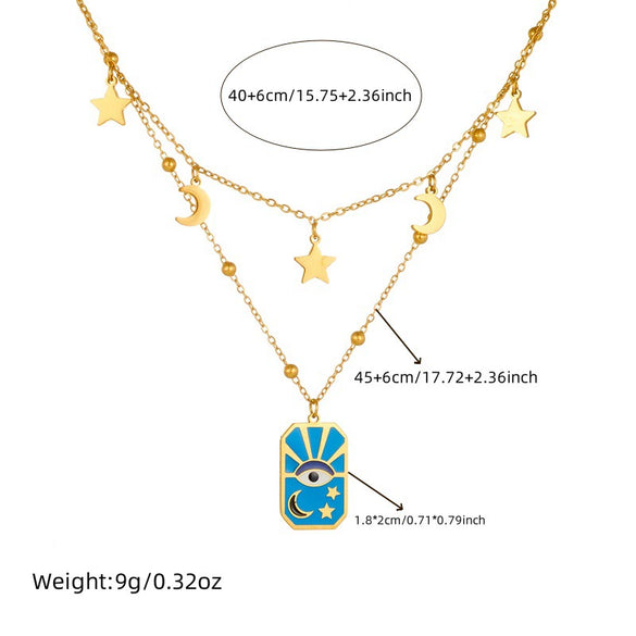Wholesale Fashion Oil Dripping Stainless Steel Star Moon Pendant Stacked Necklace And Earrings For Women