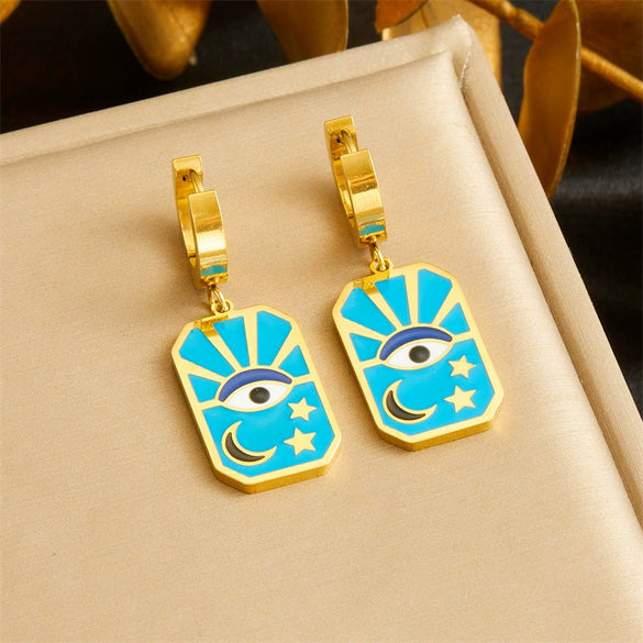 Wholesale Fashion Oil Dripping Stainless Steel Star Moon Pendant Stacked Necklace And Earrings For Women