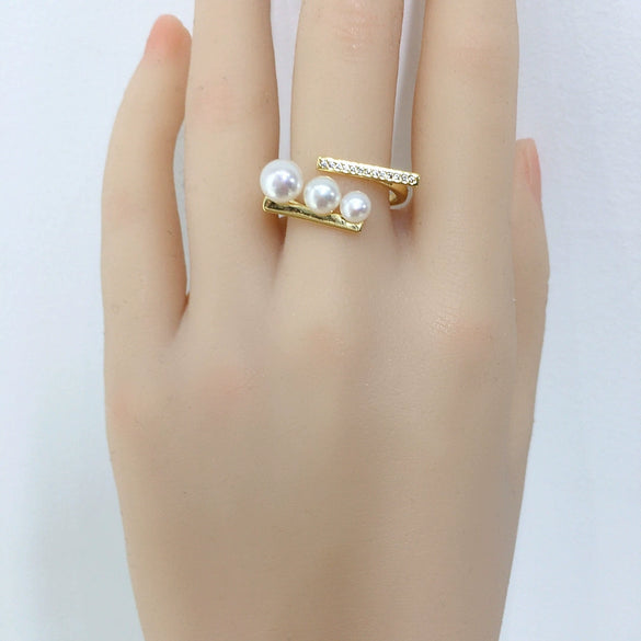 Wholesale Fashion Open Multibead Highgloss Natural Freshwater Pearl Ring Copper 18K Goldfilled