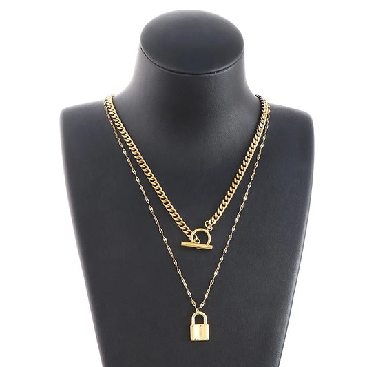 Wholesale Fashion Padlock Ot Buckle Pendant Multi-layer Stainless Steel Necklace