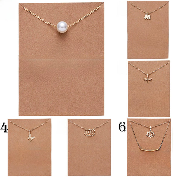 Wholesale Fashion Pearl Pendant Alloy Paper Card Necklace With Butterfly Dragonfly Elephant Animal Designs Electroplated