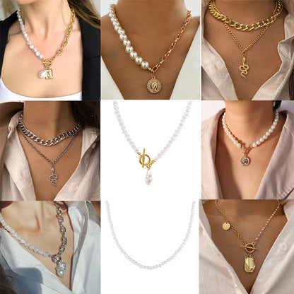 Wholesale Fashion Pearl Pendant Ot Buckle Stitching Alloy Necklace Gooddiy