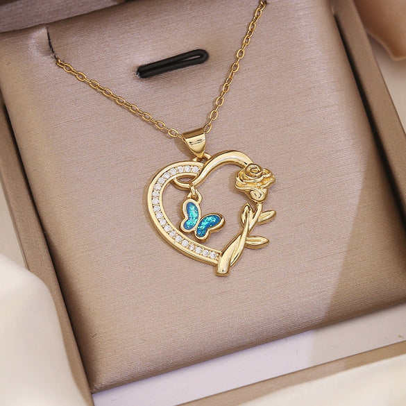 Wholesale Fashion Plated Copper Love Heart Shape Butterfly Pendant Necklace