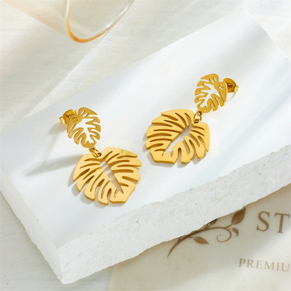Wholesale Fashion Retro Creative Leaf Hollow Titanium Steel Electroplated Women's Earrings