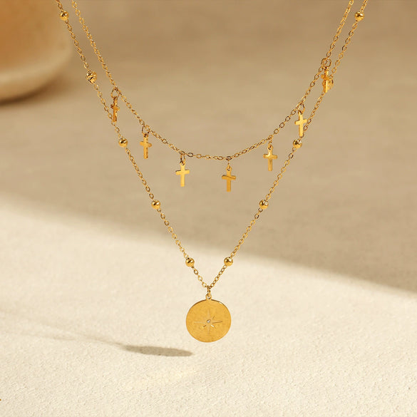 Wholesale Fashion Retro Doublelayer Stacked Titanium Steel And Stainless Steel Necklace With Cross Star Round Geometric Design And Electroplating For Women