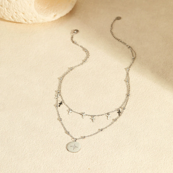 Wholesale Fashion Retro Doublelayer Stacked Titanium Steel And Stainless Steel Necklace With Cross Star Round Geometric Design And Electroplating For Women