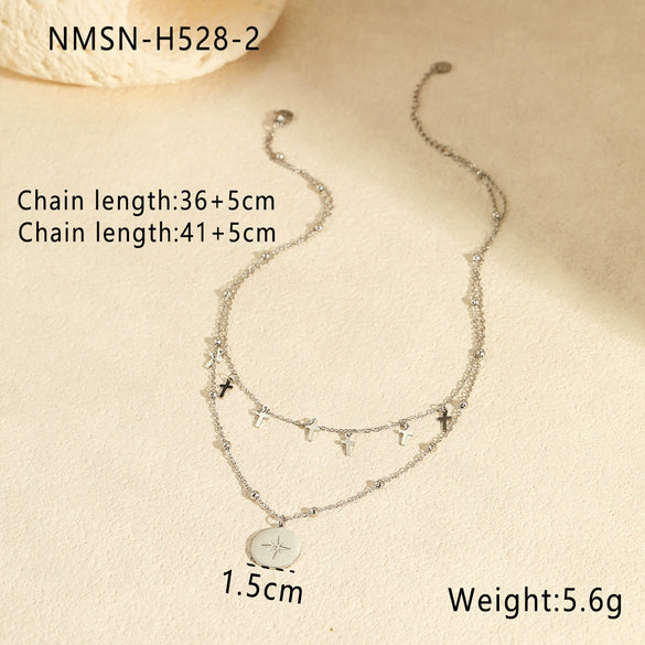 Wholesale Fashion Retro Doublelayer Stacked Titanium Steel And Stainless Steel Necklace With Cross Star Round Geometric Design And Electroplating For Women