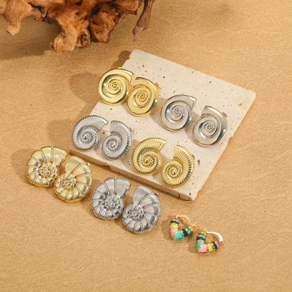 Wholesale Fashion Retro Glossy Copper Plated Spiral Conch Shape Animal Zodiac Design Earrings Unisex