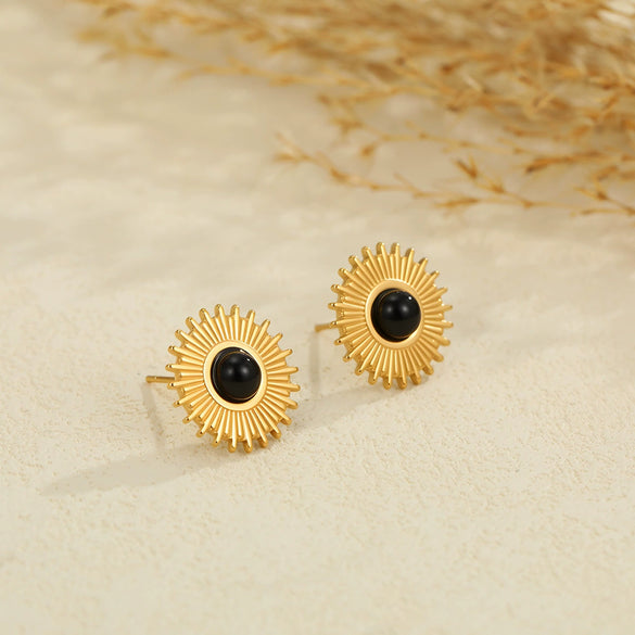 Wholesale Fashion Retro Gold Electroplated Stainless Steel Geometric Sunshaped Women's Earrings With Natural Stones