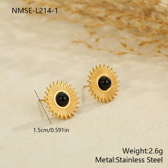 Wholesale Fashion Retro Gold Electroplated Stainless Steel Geometric Sunshaped Women's Earrings With Natural Stones