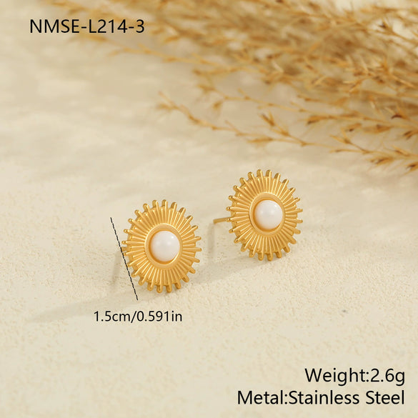 Wholesale Fashion Retro Gold Electroplated Stainless Steel Geometric Sunshaped Women's Earrings With Natural Stones