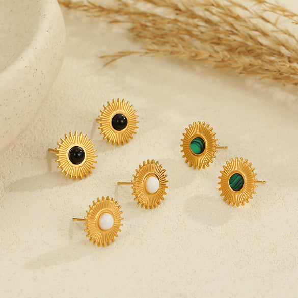 Wholesale Fashion Retro Gold Electroplated Stainless Steel Geometric Sunshaped Women's Earrings With Natural Stones