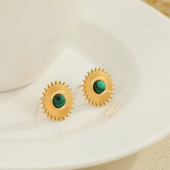 Wholesale Fashion Retro Gold Electroplated Stainless Steel Geometric Sunshaped Women's Earrings With Natural Stones