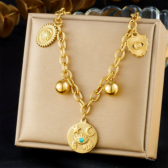 Wholesale Fashion Retro Love Eyes Mang Star Round Geometric Pattern Stainless Steel Gold Plated Pendant Necklace For Women