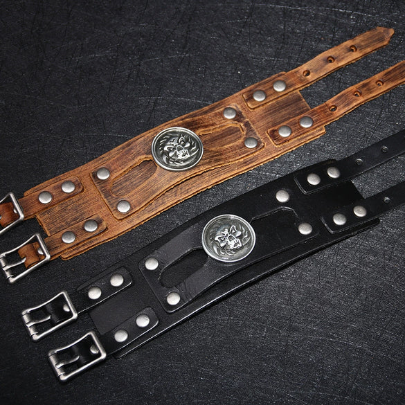 Wholesale Fashion Retro Wide Leather Alloy Bracelet With Animal Zodiac Pattern For Men