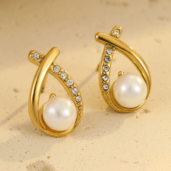 Wholesale Fashion Simple Geometric Stainless Steel 18K Electroplated Diamond Pearl Women's Earrings