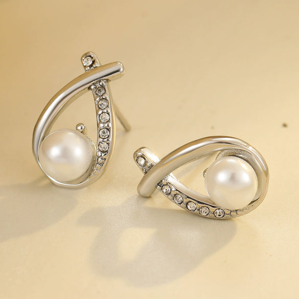 Wholesale Fashion Simple Geometric Stainless Steel 18K Electroplated Diamond Pearl Women's Earrings