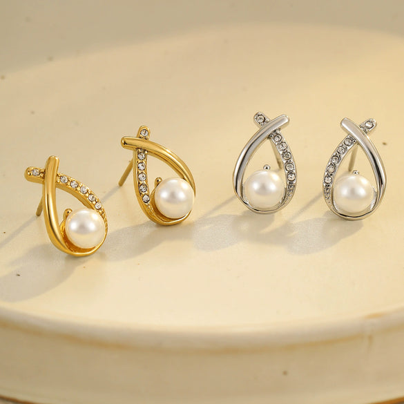 Wholesale Fashion Simple Geometric Stainless Steel 18K Electroplated Diamond Pearl Women's Earrings