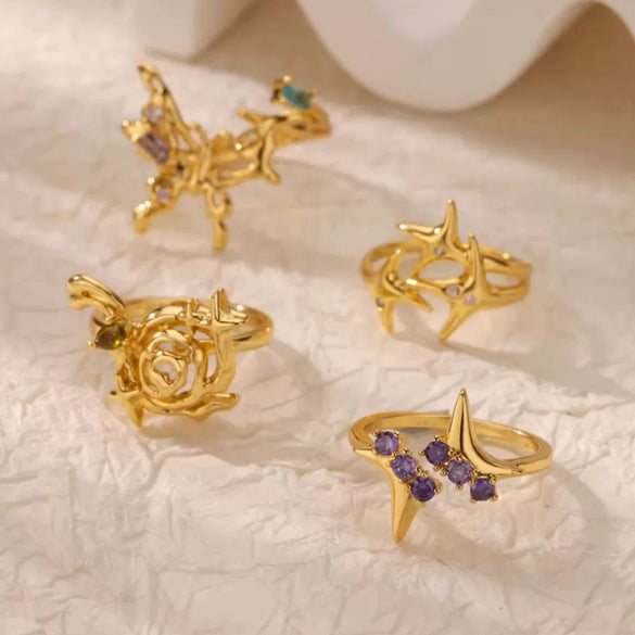 Wholesale Fashion Simple Irregular Star And Rose Copper Ring Set With Diamonds