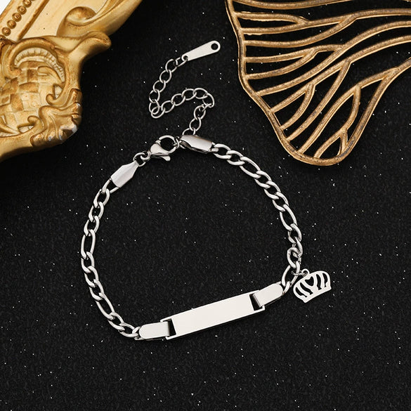 Wholesale Fashion Simple Stainless Steel Children's Long Bracelet With Laser Engraved Crown And Heart Shape Electroplated Design