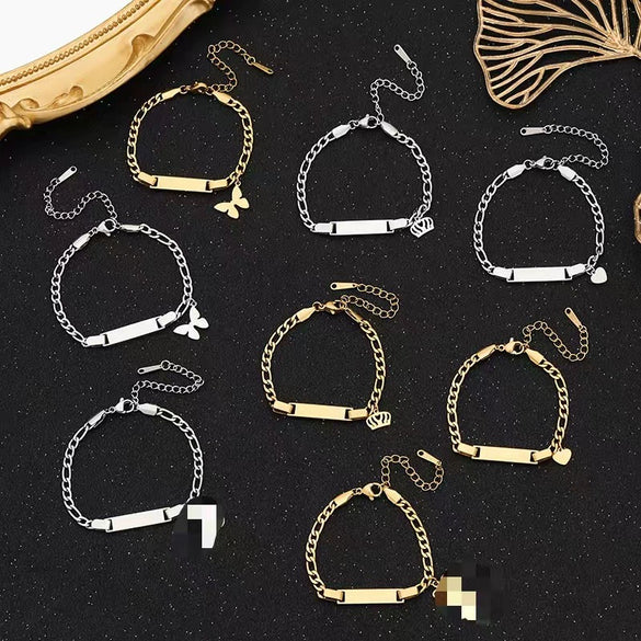Wholesale Fashion Simple Stainless Steel Children's Long Bracelet With Laser Engraved Crown And Heart Shape Electroplated Design