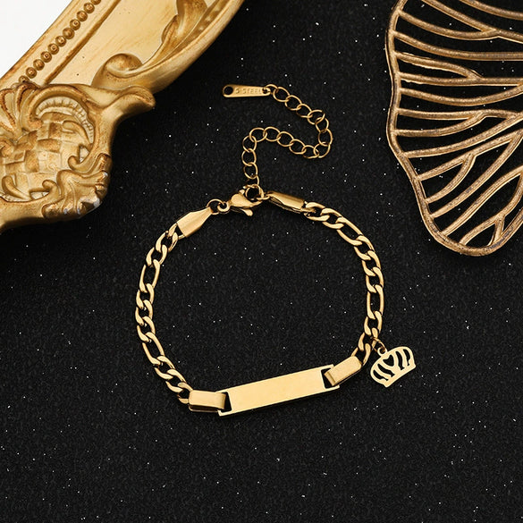 Wholesale Fashion Simple Stainless Steel Children's Long Bracelet With Laser Engraved Crown And Heart Shape Electroplated Design