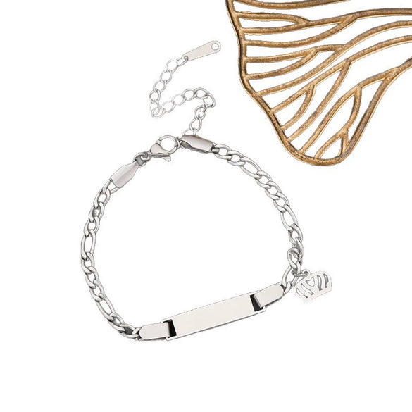 Wholesale Fashion Simple Stainless Steel Children's Long Bracelet With Laser Engraved Crown And Heart Shape Electroplated Design