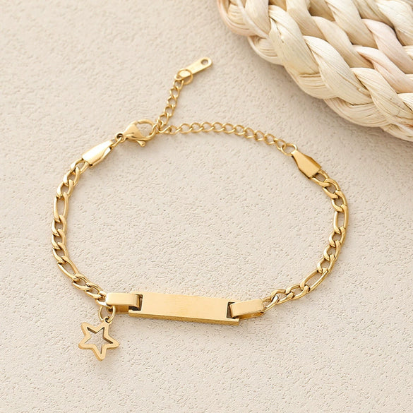 Wholesale Fashion Simple Stainless Steel Children's Long Bracelet With Laser Engraved Crown And Heart Shape Electroplated Design