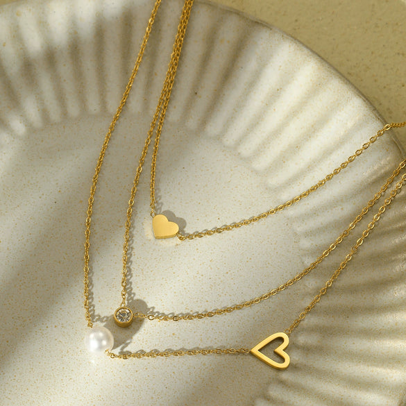 Wholesale Fashion Simple Stainless Steel 18K Gold Heart Pearl Zircon Electroplated Clavicle Three Chain Stacking Necklace For Women