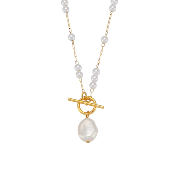 Wholesale Fashion Simple Temperament All Match Sweater Chain Necklace With Stainless Steel Plated Baroque Pearl And Ot Buckle Geometric Design