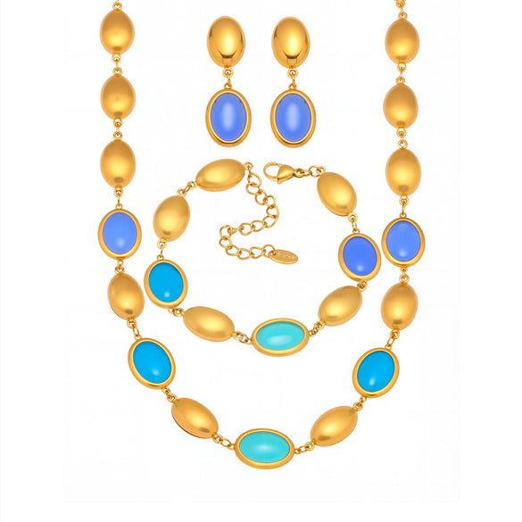 Wholesale Fashion Stainless Steel And Titanium Steel Ferris Wheel Jewelry Set With Opal Faceted Stone Brushed Surface 18K Gold Electroplated For Women