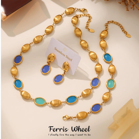 Wholesale Fashion Stainless Steel And Titanium Steel Ferris Wheel Jewelry Set With Opal Faceted Stone Brushed Surface 18K Gold Electroplated For Women