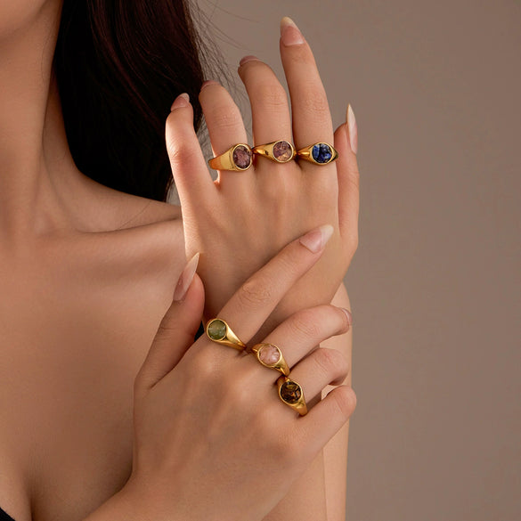 Wholesale Fashion Stainless Steel Closed Ring Inlaid With Natural Stone Electroplated Jewelry For Women