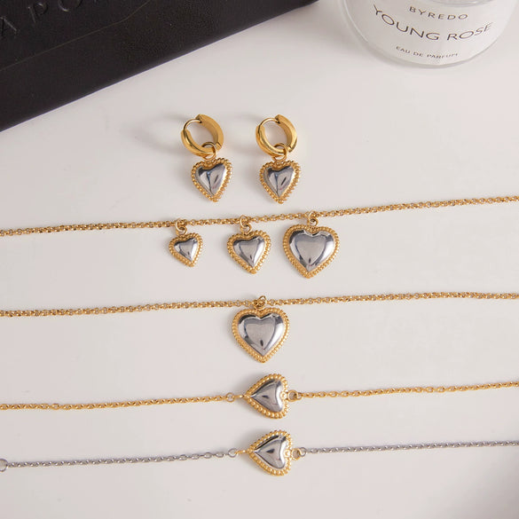 Wholesale Fashion Stainless Steel Electroplated Heart Water Drop Bell Pendant Necklace Earrings Bracelets Set For Women