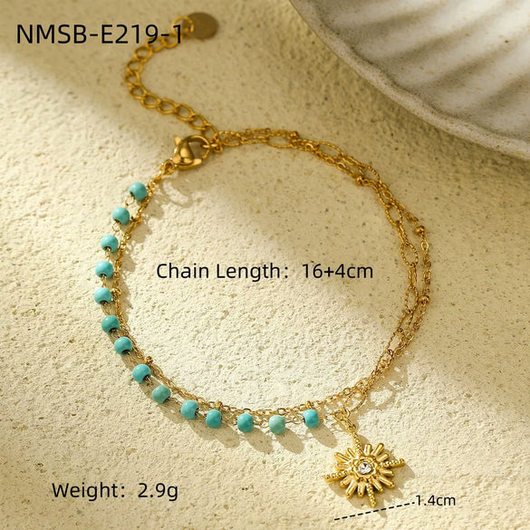 Wholesale Fashion Stainless Steel 18K Gold Electroplated Heart Shaped Sunflower Beaded Pendant Bracelet For Women