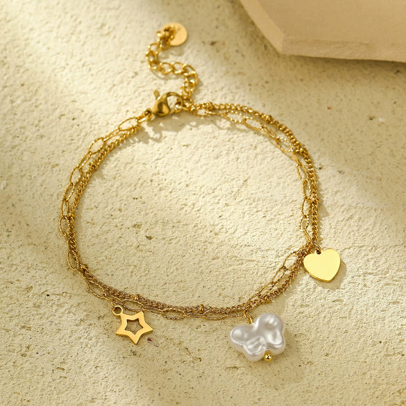 Wholesale Fashion Stainless Steel 18K Gold Electroplated Heart Shaped Sunflower Beaded Pendant Bracelet For Women