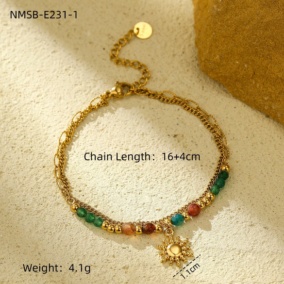 Wholesale Fashion Stainless Steel 18K Gold Electroplated Heart Shaped Sunflower Beaded Pendant Bracelet For Women