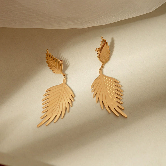 Wholesale Fashion Stainless Steel 14K Gold Plated Double Leaf Earrings