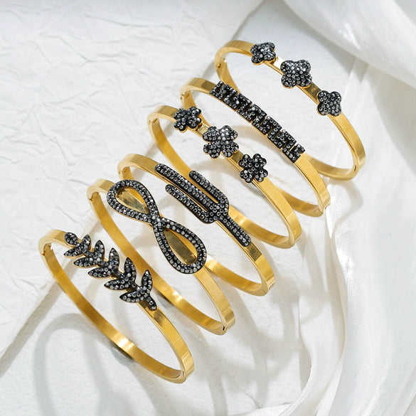 Wholesale Fashion Stainless Steel 18K Goldplated Rhinestone Infinite Symbol Fourleaf Clover Geometric Bracelet Jewelry