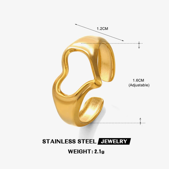 Wholesale Fashion Stainless Steel Love Heart Shaped Open Adjustable Ring For Women With 18K Gold Plated Electroplating