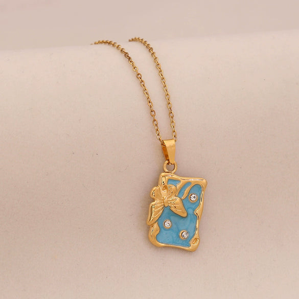 Wholesale Fashion Stainless Steel Multicolor Oil Drop Insect Pattern Butterfly Pendant Necklace For Office Ladies