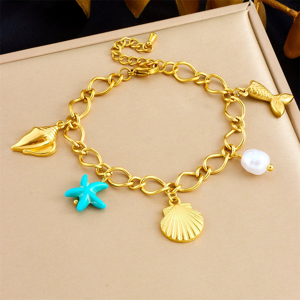 Wholesale Fashion Stainless Steel Pearl Animal Zodiac Ocean Series Shell Starfish Pendant Electroplated Bracelet For Women
