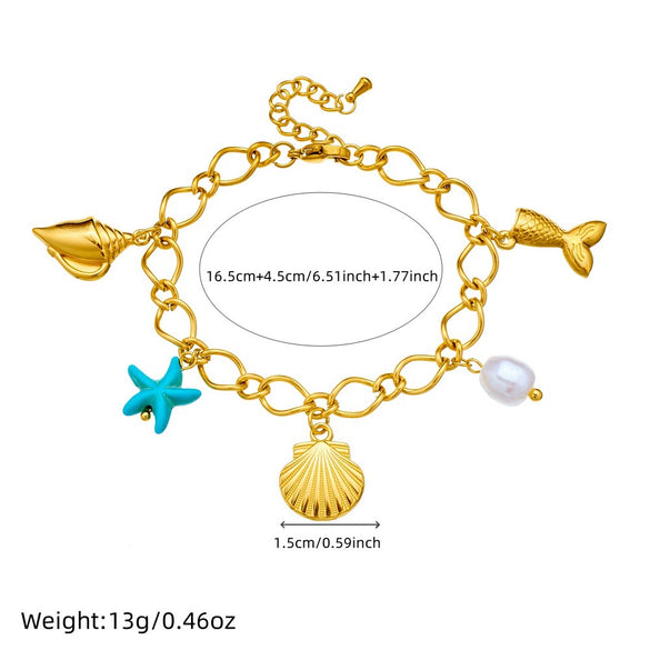 Wholesale Fashion Stainless Steel Pearl Animal Zodiac Ocean Series Shell Starfish Pendant Electroplated Bracelet For Women