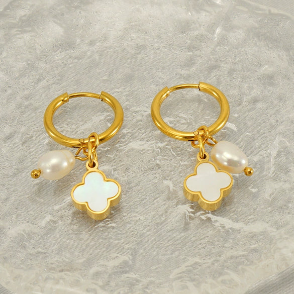 Wholesale Fashion Stainless Steel Pearl Fourleaf Clover Geometric Electroplated Women's Earrings