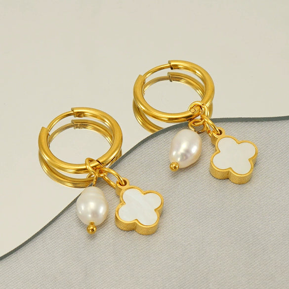 Wholesale Fashion Stainless Steel Pearl Fourleaf Clover Geometric Electroplated Women's Earrings