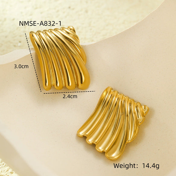 Wholesale Fashion Stainless Steel Stud Earrings Geometric Square Fold Wave Texture Electroplated