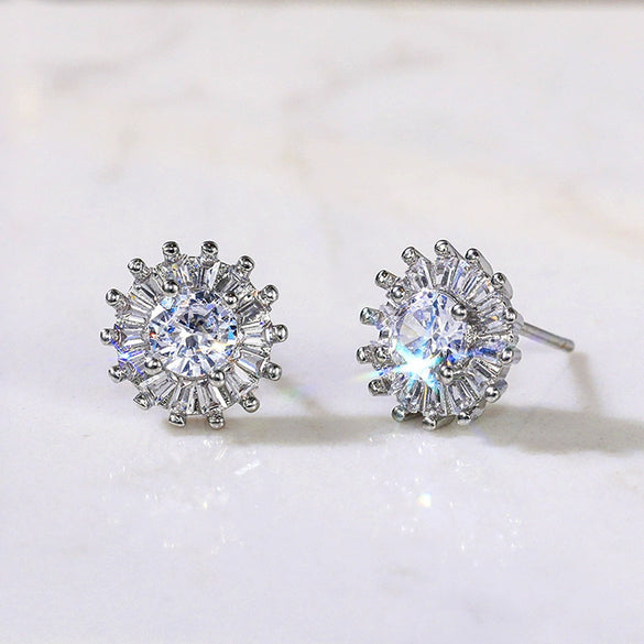 Wholesale Fashion Sweet Flower Zircon Earrings For Women Copper Plated Platinum
