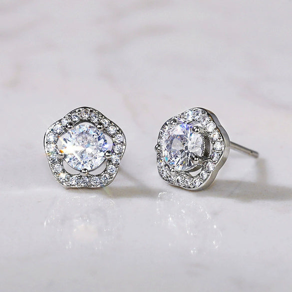 Wholesale Fashion Sweet Flower Zircon Earrings For Women Copper Plated Platinum
